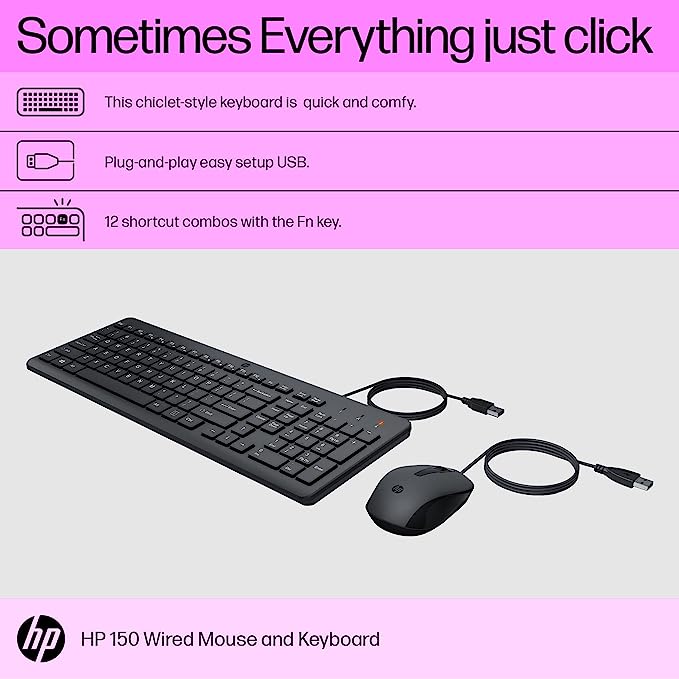 (Open Box) HP 150 Wired Keyboard and Mouse Combo with Instant USB Plug-and-Play Setup, 12 Shortcut Keys, 6å¡ Adjustable Slope Keyboard and 1600 DPI Optical Sensor Mouse (3-Years Warranty, 240J7AA)