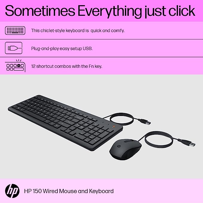 (With Scratch) HP 150 Wired Keyboard and Mouse Combo with Instant USB Plug-and-Play Setup, 12 Shortcut Keys, 6å¡ Adjustable Slope Keyboard and 1600 DPI Optical Sensor Mouse (3-Years Warranty, 240J7AA)