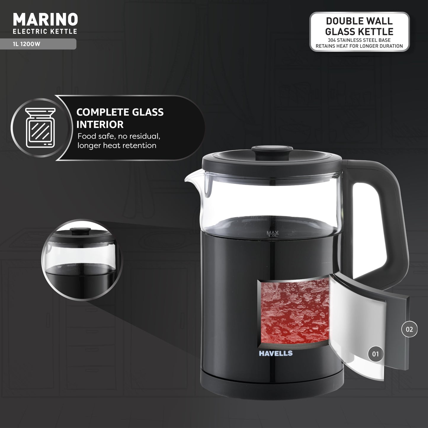 Havells MARINO Low Noise Glass Electric Kettle 1L|1200W Borosilicate Glass inner & Cool Touch Outer Body| Detachable LID|304 Rust Resistant SS Base|2 Yr Manufacturer Warranty (Black)