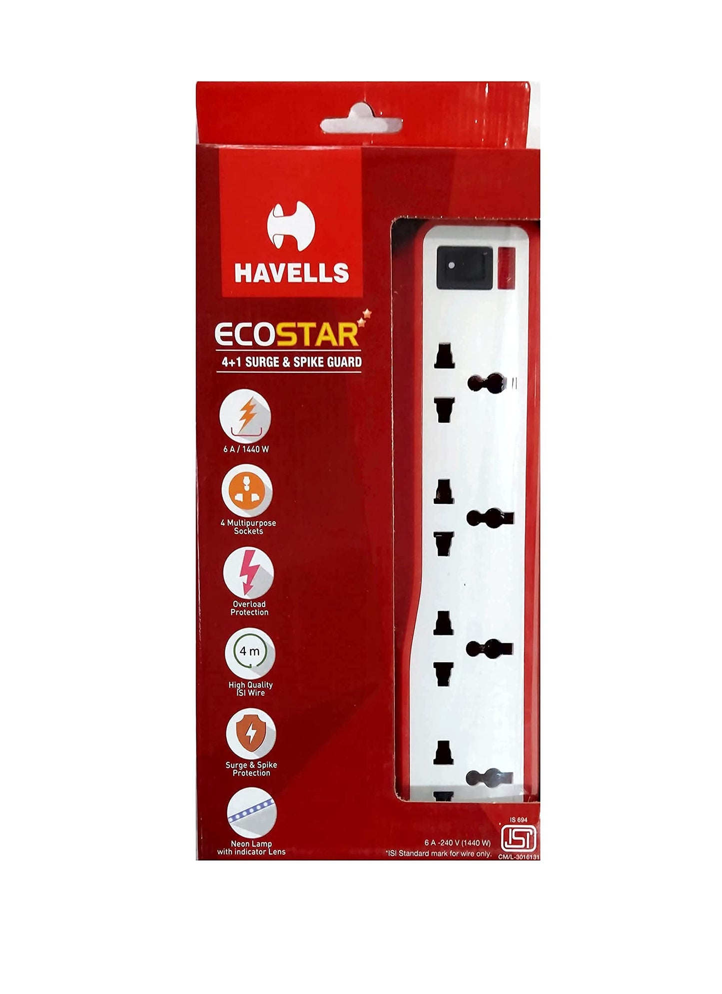 Havells EcoStar 4+1 Surge & Spike Guard with 2 Mtr. Wire