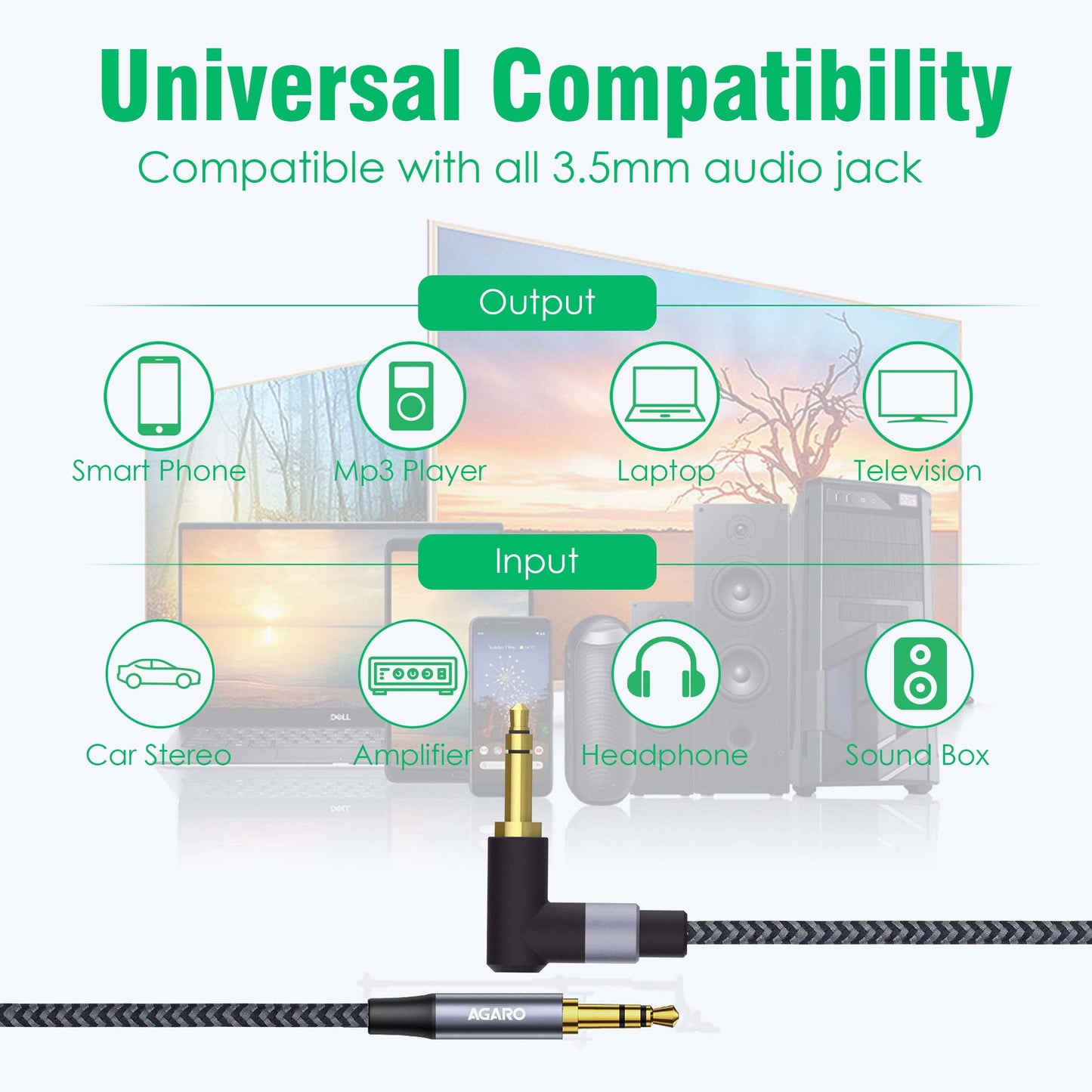 (Open Box) AGARO 3.5mm Audio Cable Stereo Aux 90 Degree Right Angle Aux Cable 24K Gold Plated Male to Male Hi-Fi Sound for Car,Home Stereos,Speakers,Tablets 2M/ 200CM/ 5.6 Ft,Silver & Black,33665