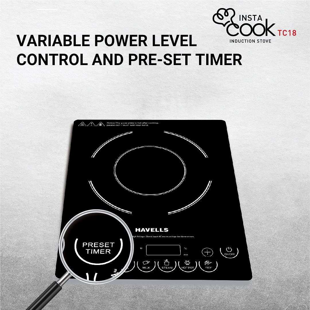 Havells Induction Glass Ceramic Cooktop Tc20 With 9 Cooking Modes Bis Approved 2000 Watt With 3 Year Coil Warranty - Black