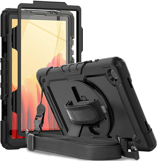 (Open Box) Robustrion Armor Full Body & Shock Proof PU Leather Case with 360 Rotating Hand Strap for Tablets Samsung Galaxy Tab A7 10.4"(26.4 cm) [SM-T500/T505/T507] 2020 - Black & Black