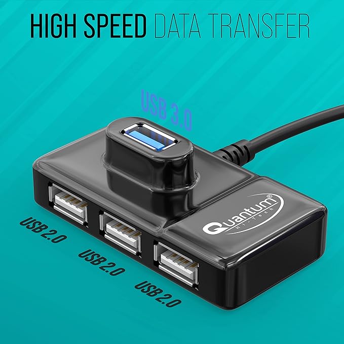 (Open Box) Quantum 4 Port USB C hub (Type C to 4 USB-A Ports), 1 Port 3.0 & 3 Port 2.0 High Speed Data Transfer, Plug Play Usage, Compatible with Laptop, MacBook, PC and Other Type-C Devices, QHM7532 (Black)