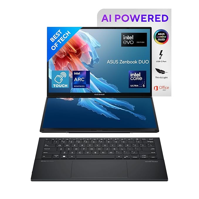 (Brand Refurbished) ASUS Zenbook Duo OLED (2024), 14" (35.56cm) FHD OLED Touch Display, Intel Core Ultra 5 125H, Built-in AI, Dual Screen Laptop (16GB/1TB SSD/Intel Arc Graphics/Win11/Gray/1.65 Kg), UX8406MA-QL551WS