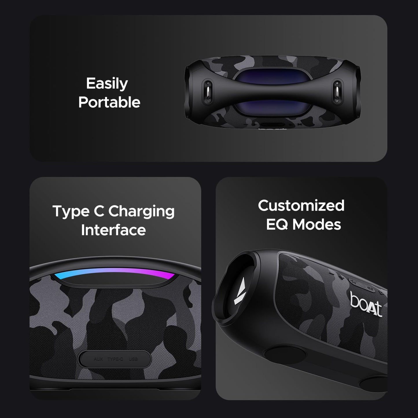 (Open Box) boAt Stone 1800 Bluetooth Speaker w/ 90 W RMS Sound, RGB LEDs, EQ Modes, IPX6,BT v5.3,Multi- Compatibility– Aux&USB, Playback time Up to 5 Hours & Type C Charging(Camo Black)