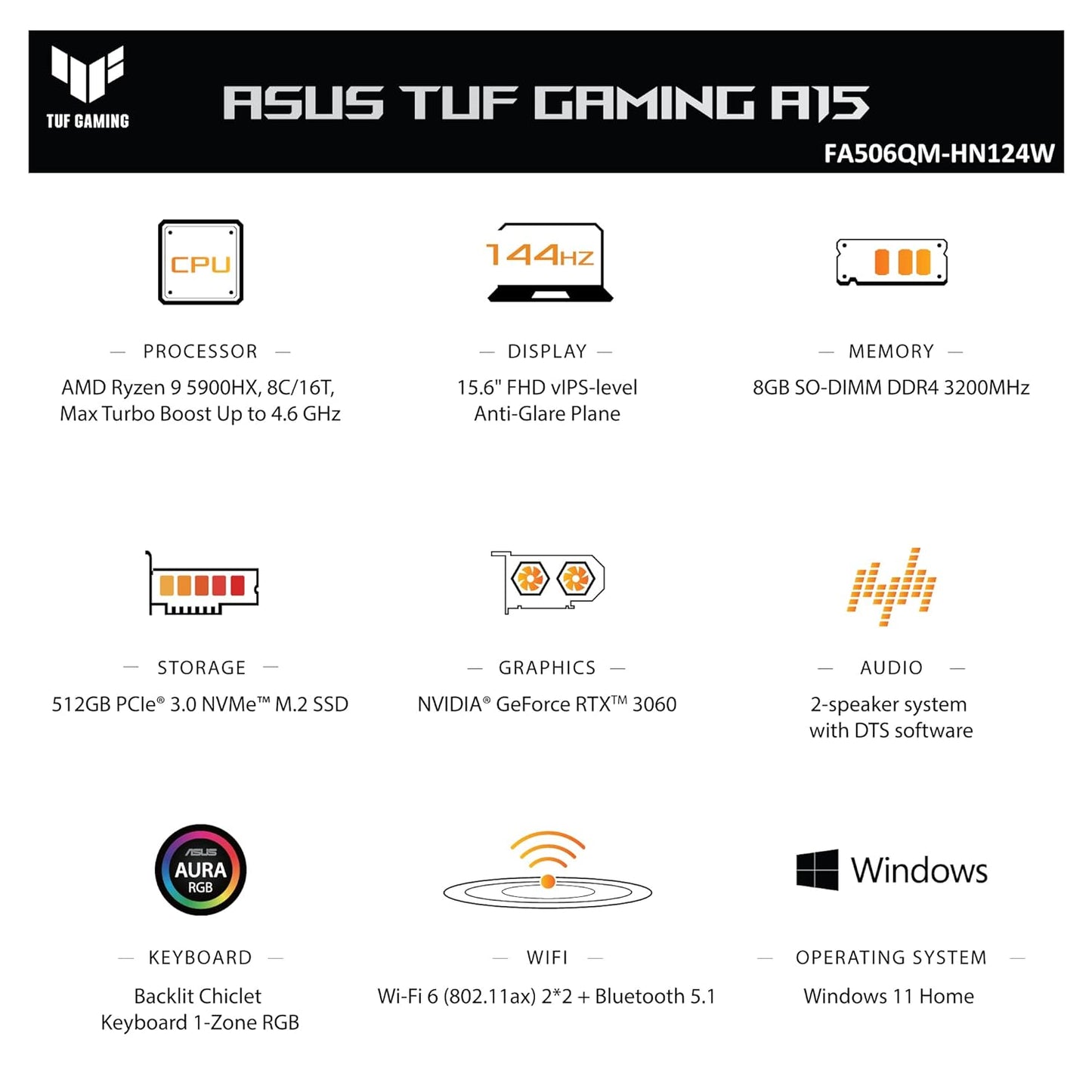 (Brand Refurbished) ASUS TUF Gaming A15, 15.6" (39.62 cm) FHD 144Hz, AMD Ryzen 9 5900HX, 6GB RTX 3060, Gaming Laptop (16GB/512GB SSD/90WHrs Battery/Windows 11/Black/2.30 Kg), FA506QM-HN124W