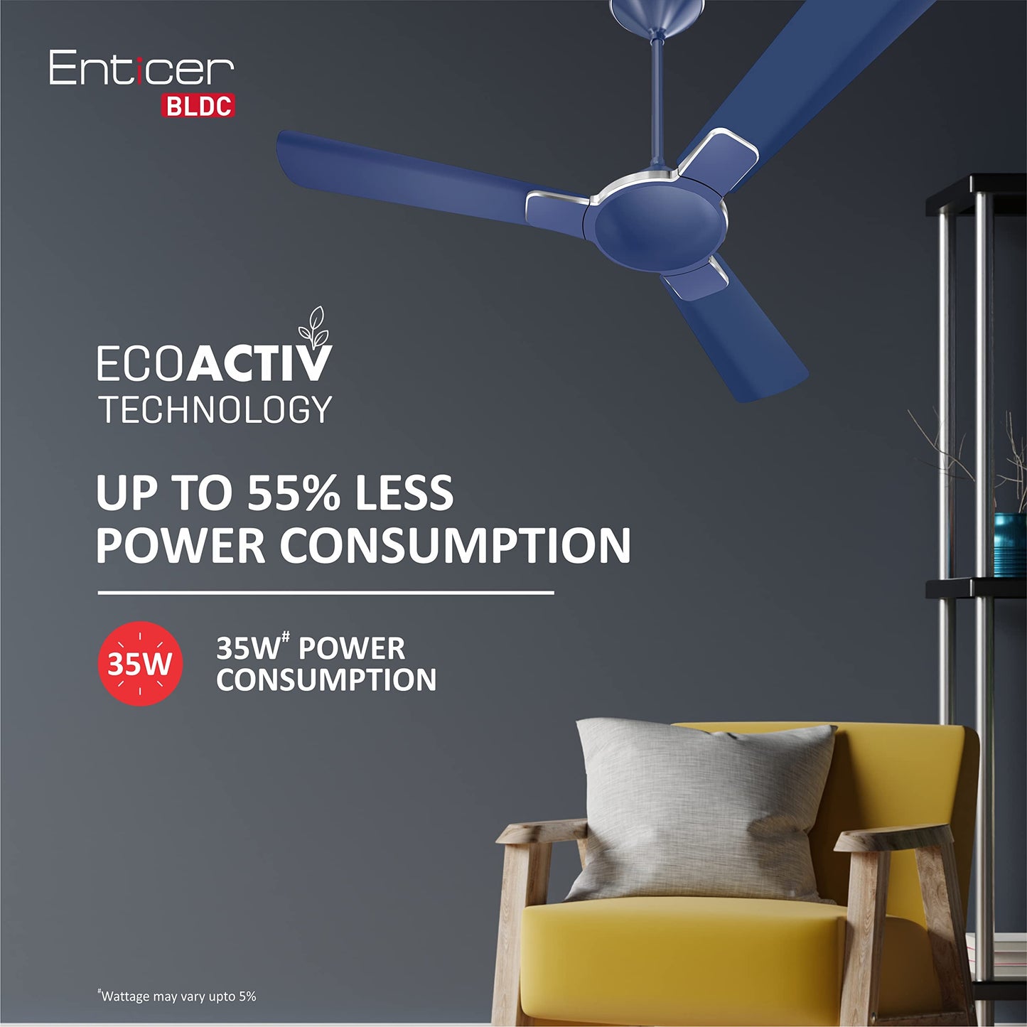 Havells 1200Mm Enticer Bldc Motor Ceiling Fan 5 stars With Remote,100% Copper Upto 55% Energy Saving With Eco Active Technology,High Air Delivery (Pack Of 1,Pearl White Chrome)