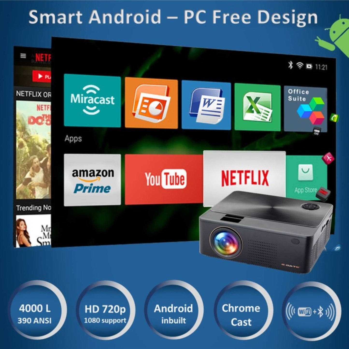 (Open Box) Egate K9 Pro-Max Android FHD 1080p LED Projector,