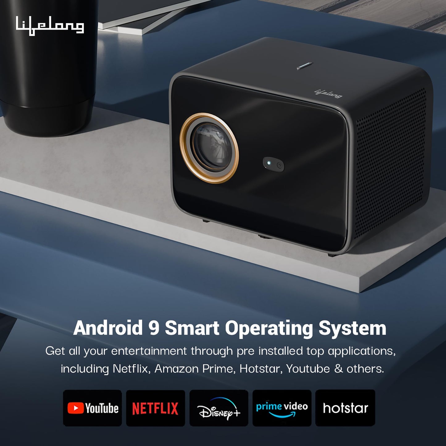 (Open Box) Lifelong Lightbeam Smart Projector for Home 4K Support, Native 720p HD Resolution, 2500 Lumen, Rotabable Design, Speaker, Android 11 with Built-in Apps (Netflix, Prime, Youtube) WiFi, 100''Max Display