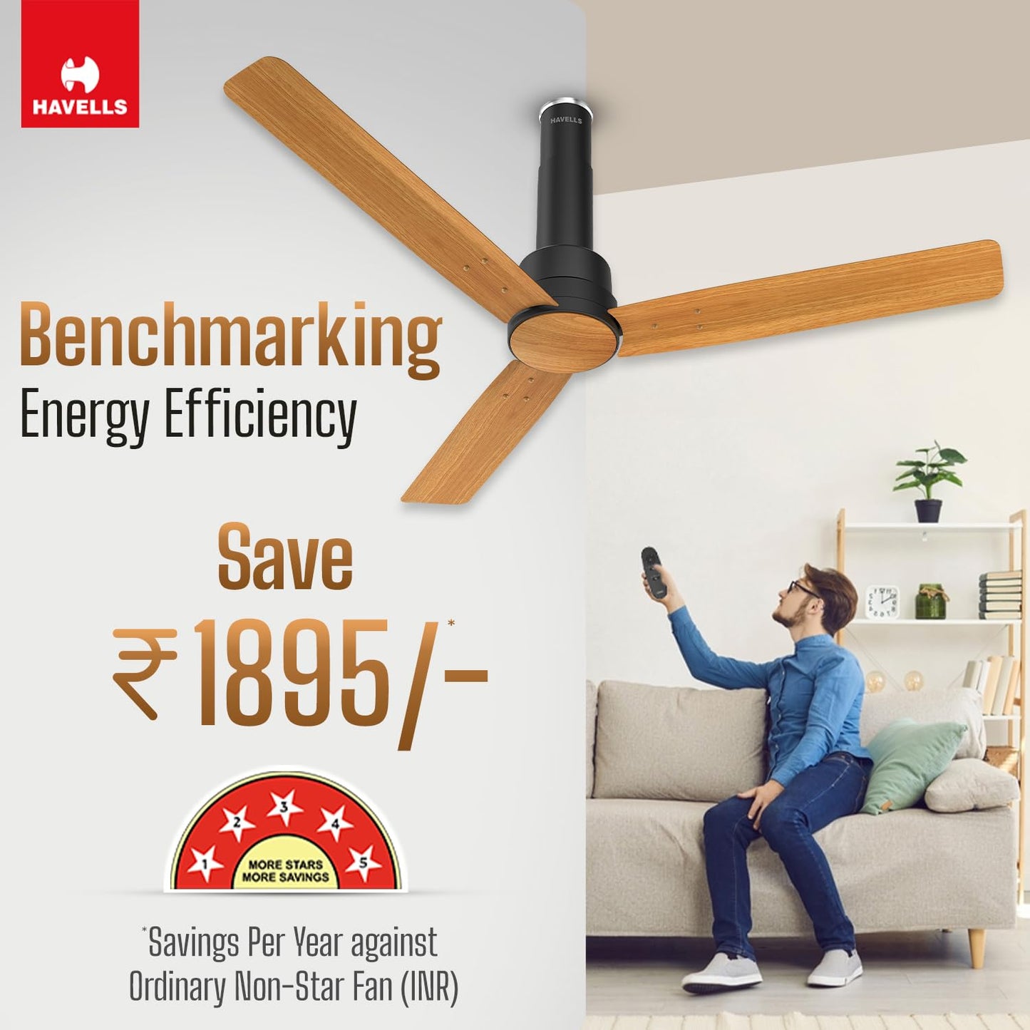 Havells 1200mm Elio BLDC Ceiling Fan | Remote Controlled, High Air Delivery Fan | 5 Star Rated, Upto 60% Energy Saving, 2+1* Year Warranty | (Pack of 1, Smoke Brown)