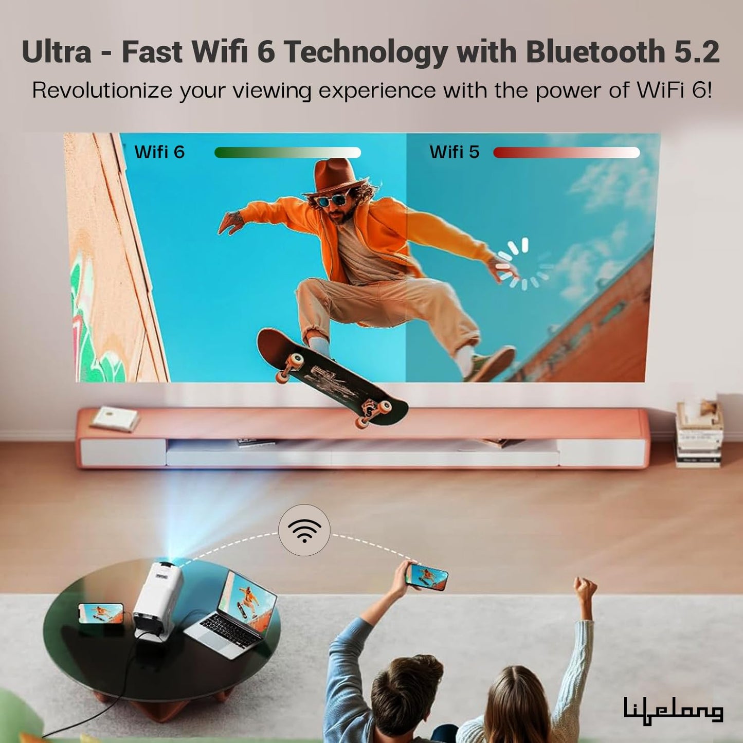 (Open Box) Lifelong Lightbeam Smart Projector for Home 4K Support, Native 720p HD Resolution, 2500 Lumen, Rotabable Design, Speaker, Android 11 with Built-in Apps (Netflix, Prime, Youtube) WiFi, 100''Max Display