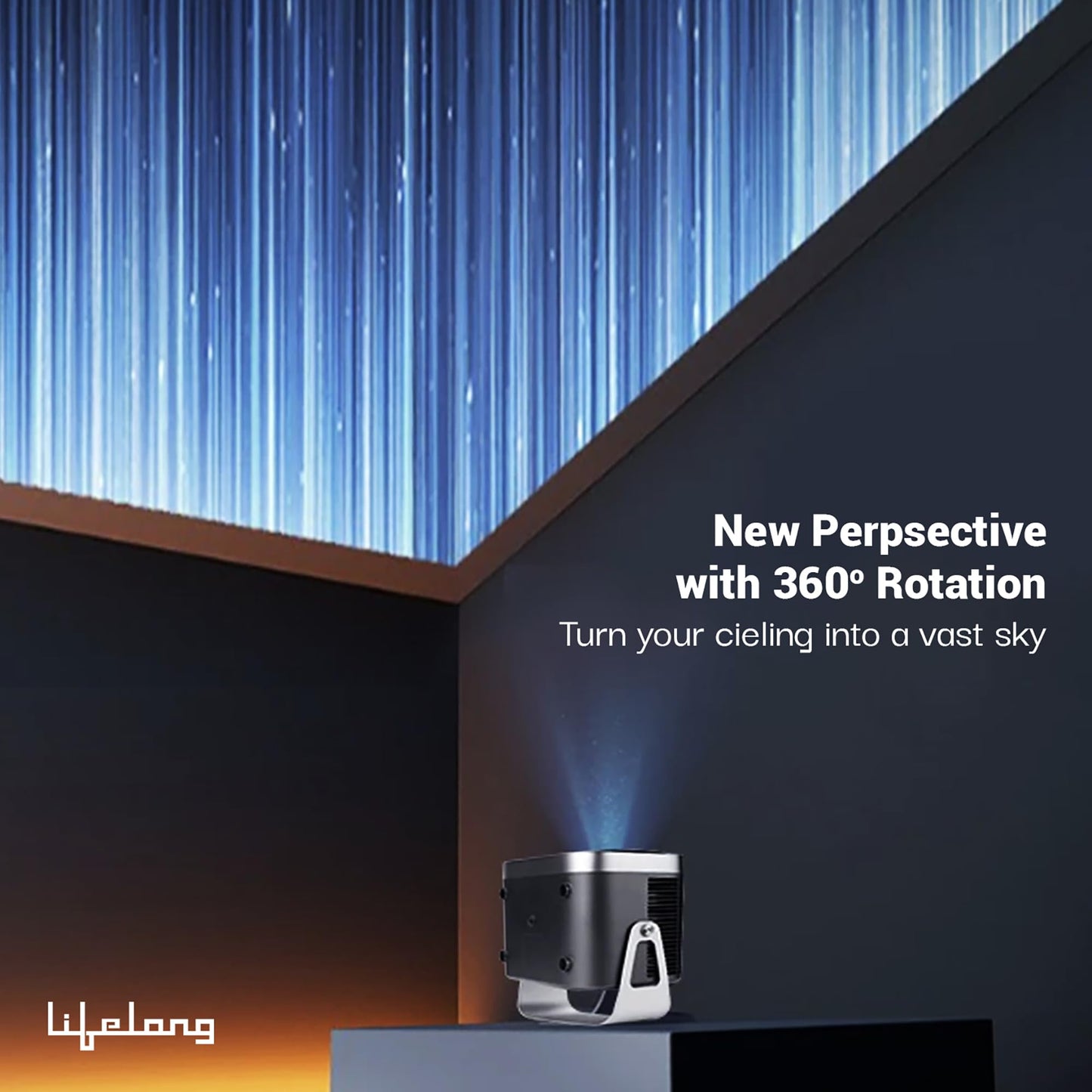 (Open Box) Lifelong Lightbeam Smart Projector for Home 4K Support, Native 720p HD Resolution, 2500 Lumen, Rotabable Design, Speaker, Android 11 with Built-in Apps (Netflix, Prime, Youtube) WiFi, 100''Max Display