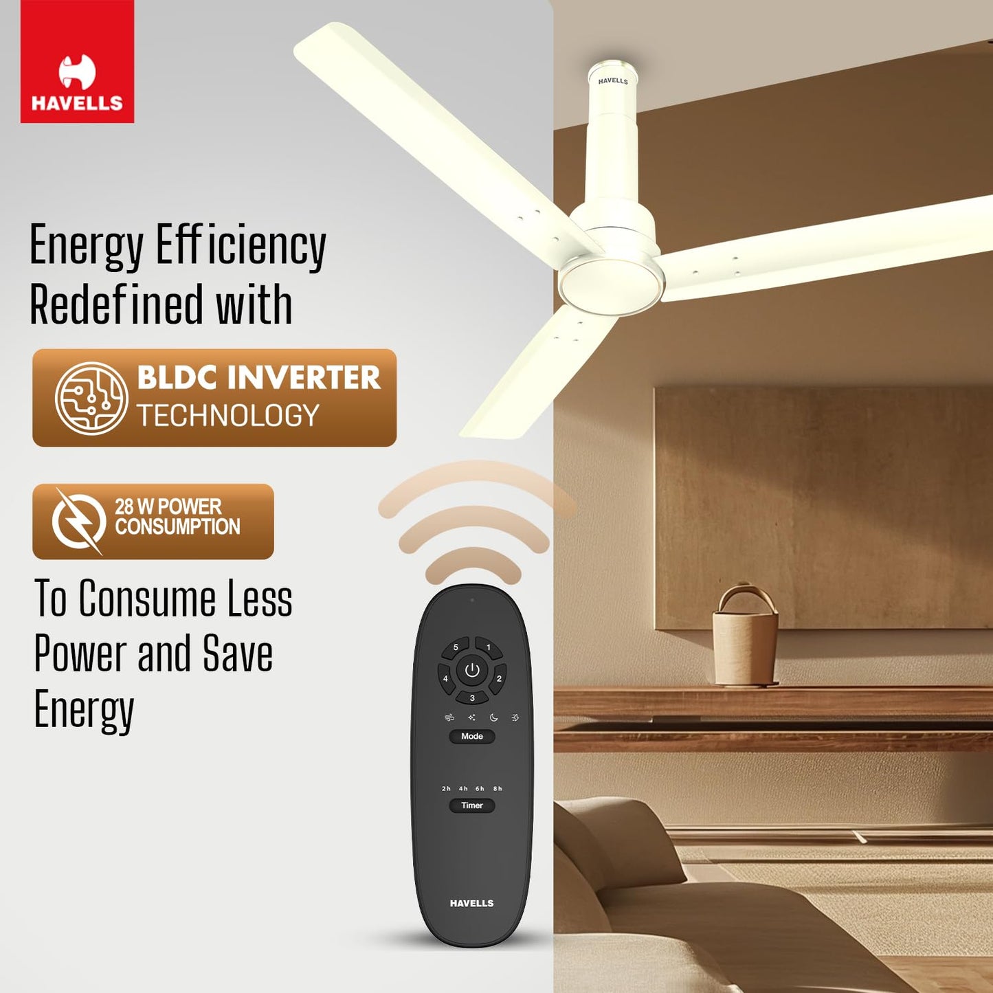 Havells 1200mm Elio BLDC Ceiling Fan | Remote Controlled, High Air Delivery Fan | 5 Star Rated, Upto 60% Energy Saving, 2+1* Year Warranty | (Pack of 1, Smoke Brown)