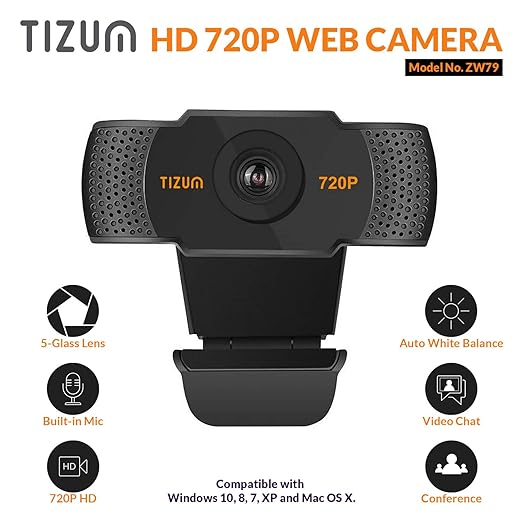 (Open Box) Tizum ZW79- HD 720p Webcam, Widescreen Viewing Angle, Auto Light Correction, Noise-Reducing Mic, for Skype, FaceTime, Hangouts, Xbox, PC/Mac/Laptop/MacBook/Tablet