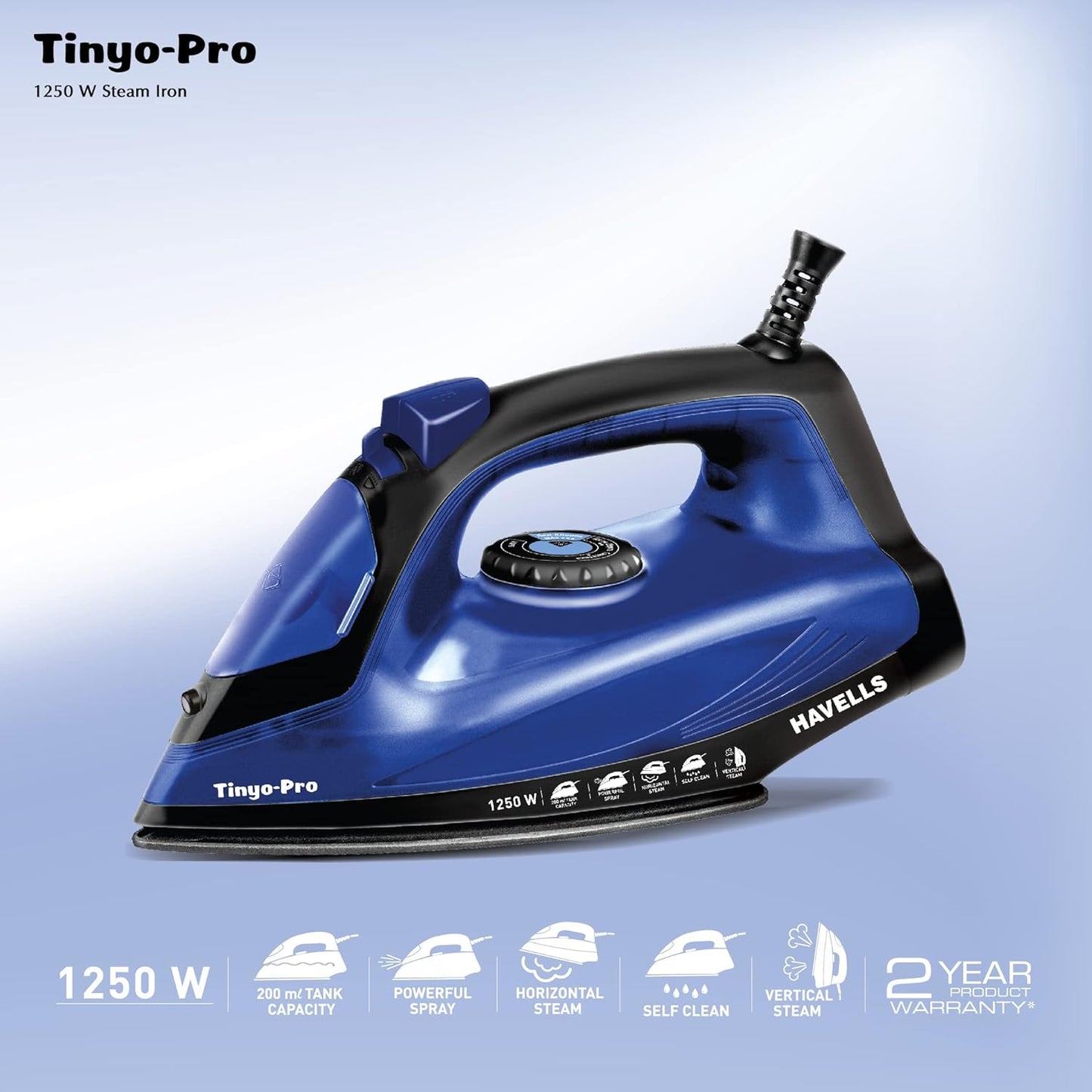 Havells Tinyo Pro 1250 Watt Steam Iron Press with Powerfull Steam Spray | Horizontal & Vertical Steaming Function | Self Clean | 2 Years Warranty (Blue)