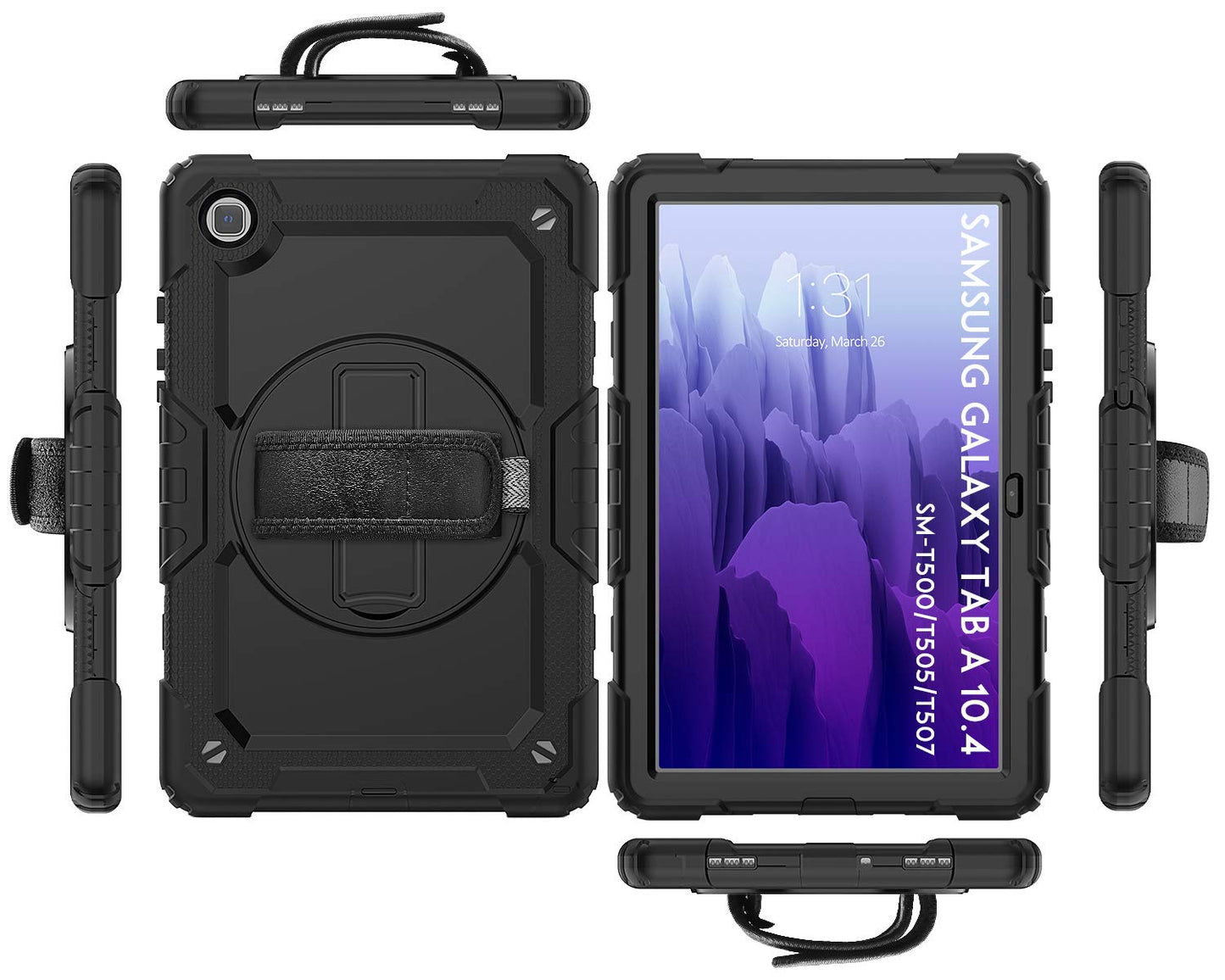 (Open Box) Robustrion Armor Full Body & Shock Proof PU Leather Case with 360 Rotating Hand Strap for Tablets Samsung Galaxy Tab A7 10.4"(26.4 cm) [SM-T500/T505/T507] 2020 - Black & Black