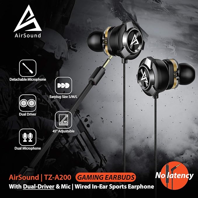 (Open Box) AirSound A200 Pro Dual Driver Gaming Earphone with Dual Mic & 3D Stereo Sound for Android, Tablets, PC, Laptop
