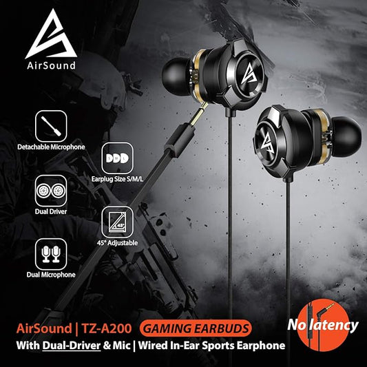 (Open box)AirSound A200 Pro Dual Driver Gaming Earphone with Dual Mic & 3D Stereo Sound for Android, Tablets, PC, Laptop