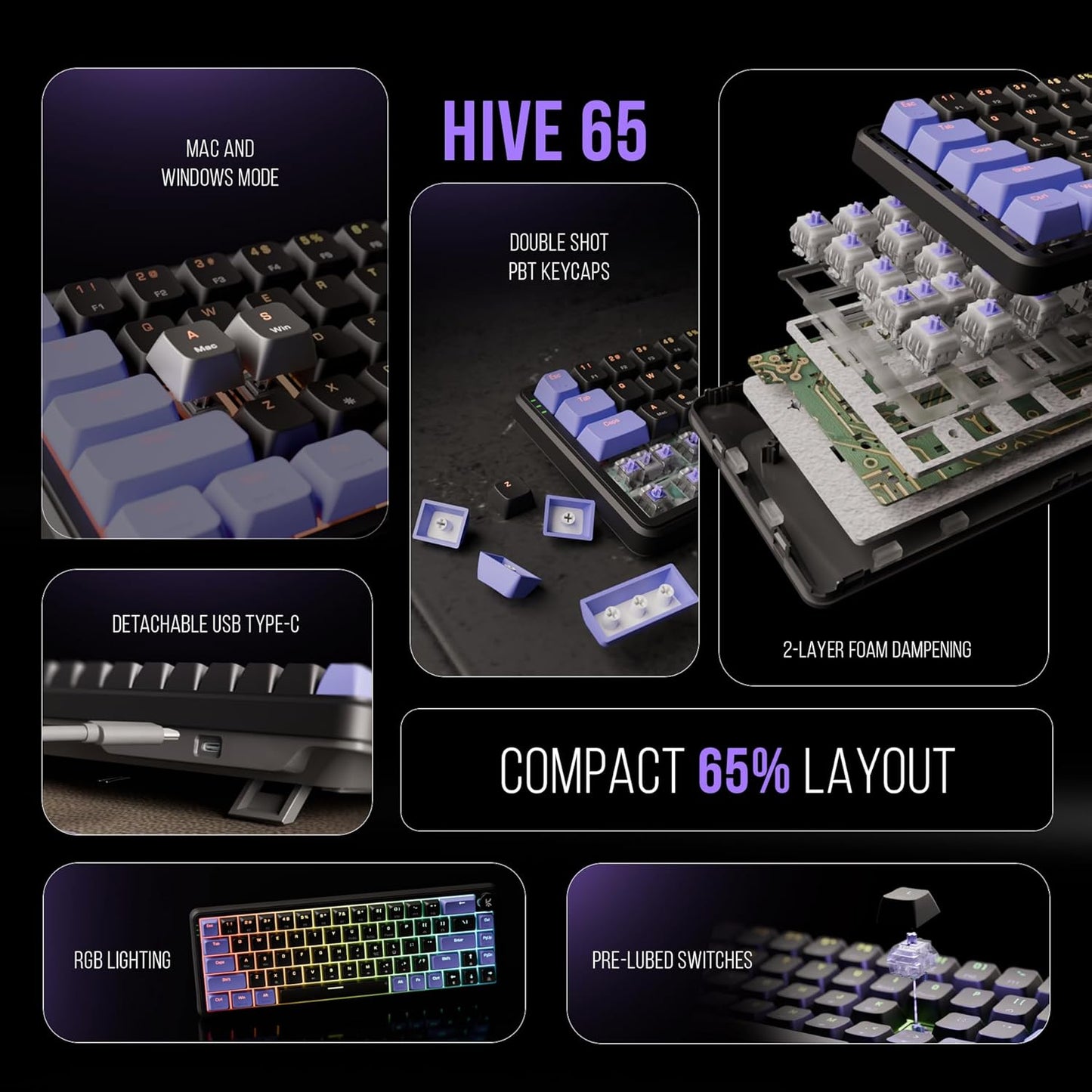 (open box) Kreo Hive 65 RGB Mechanical Gaming Keyboard | Pre-Lubed Switches, Anti-Ghosting, 5-Pin Hot-Swap | Wired 65% Keyboard with RGB Backlight & Detachable USB-C Cable (Black)