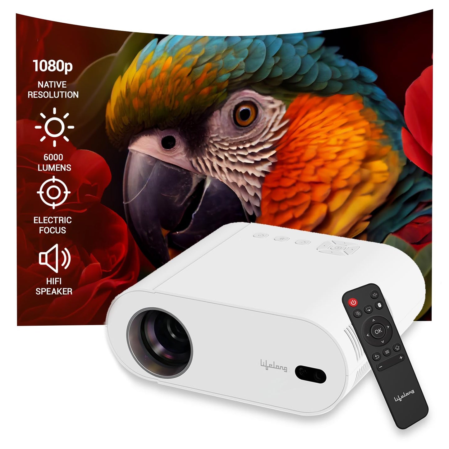 (Open Box) Lifelong Lightbeam Smart Projector for Home 4K Support, Native 720p HD Resolution, 2500 Lumen, Rotabable Design, Speaker, Android 11 with Built-in Apps (Netflix, Prime, Youtube) WiFi, 100''Max Display