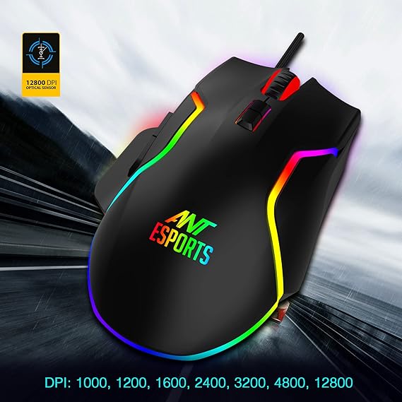 (Open Box) Ant Esports GM320 RGB Optical Wired Gaming Mouse | 8 Programmable Buttons | 12800 DPI I Ergonomic Design with Braided Cable - Black