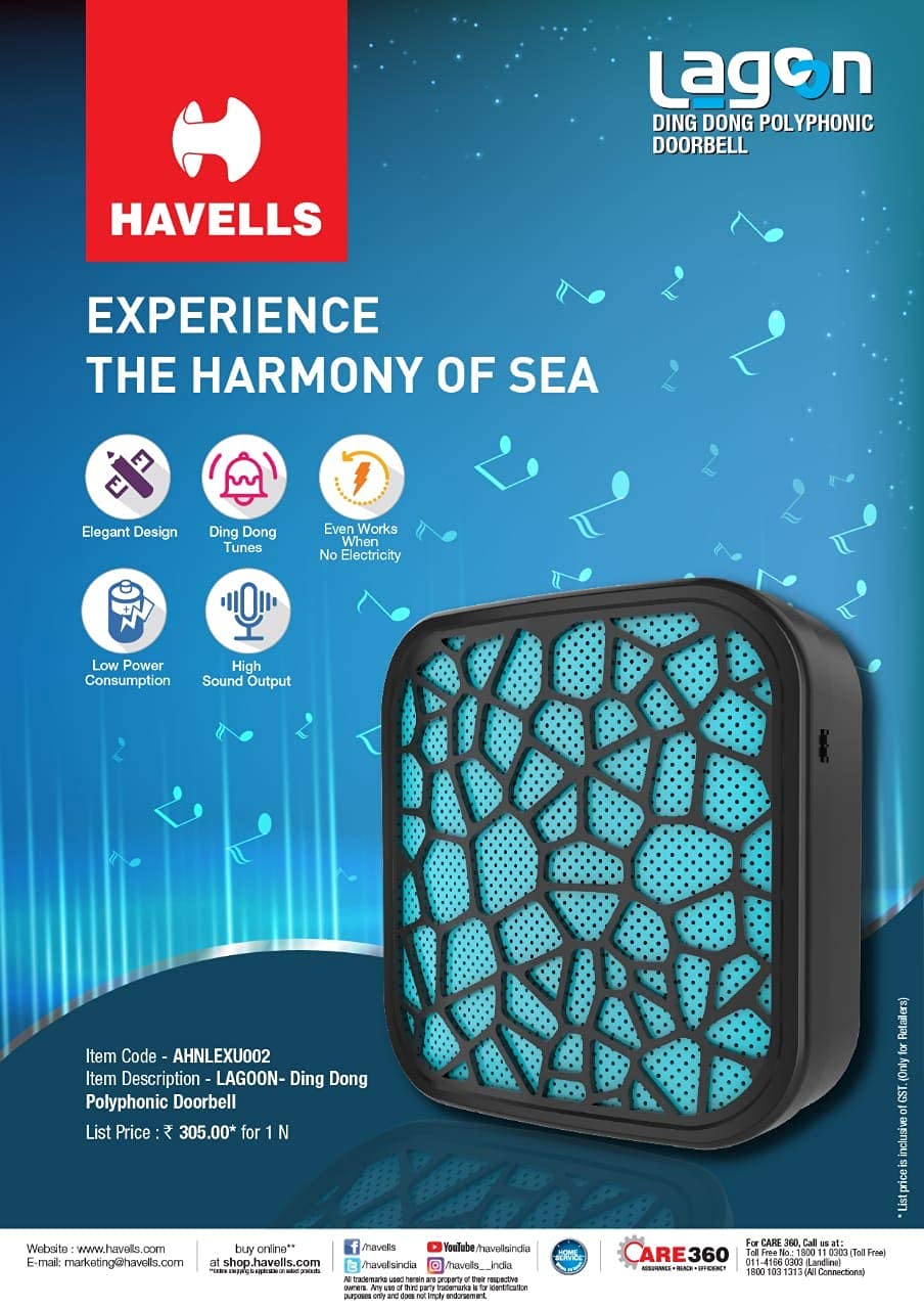 Havells Lagoon Dingdong Polyphonic Doorbell (Black) (AHNLEXU002)