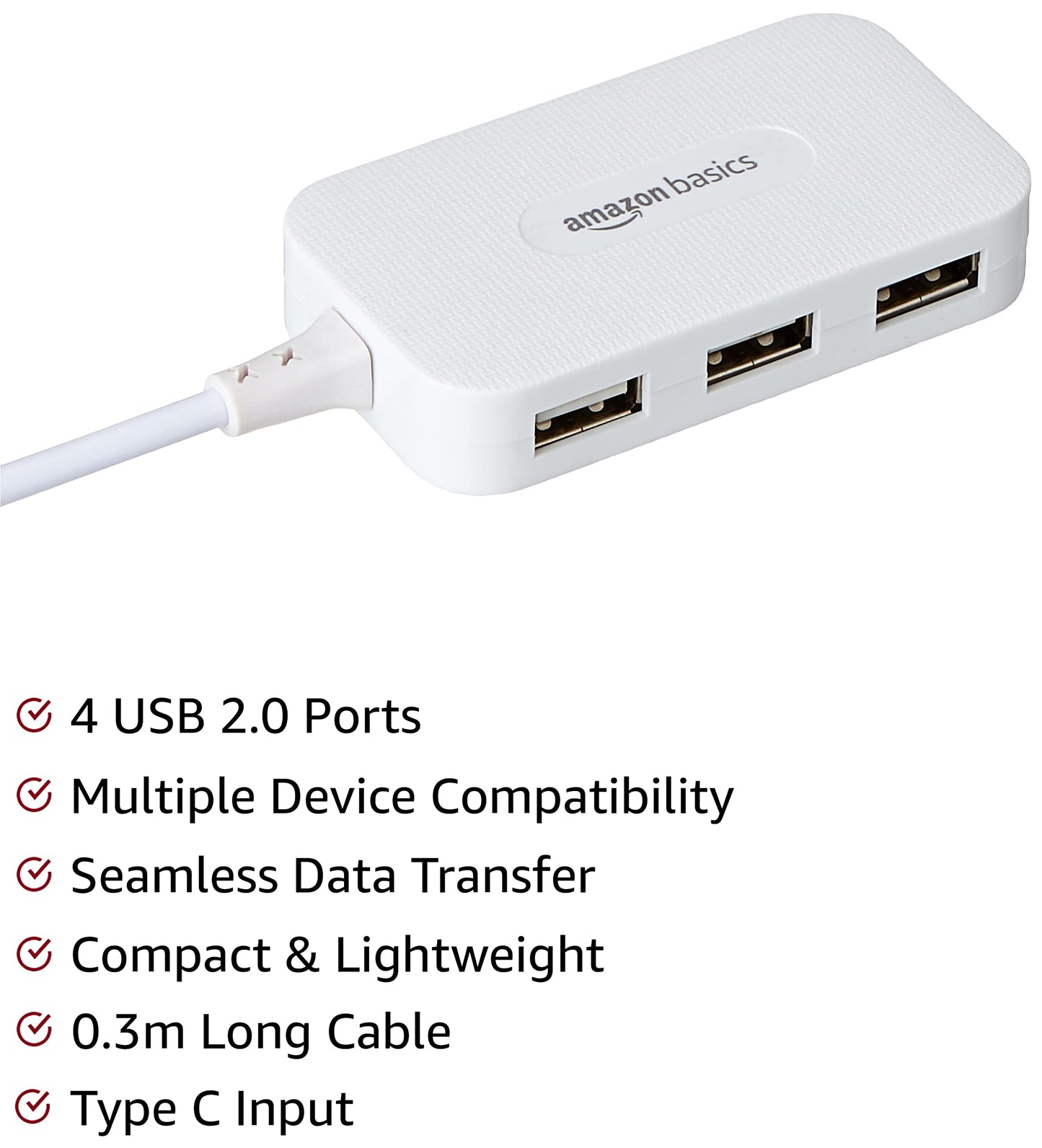 (Open Box) Amazon Basics 4 Port USB 2.0 Hub, 0.3M Length, 37.5 Grams White