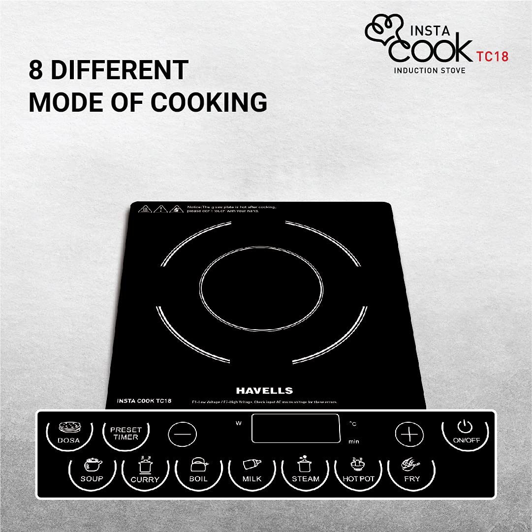 Havells Induction Glass Ceramic Cooktop Tc20 With 9 Cooking Modes Bis Approved 2000 Watt With 3 Year Coil Warranty - Black