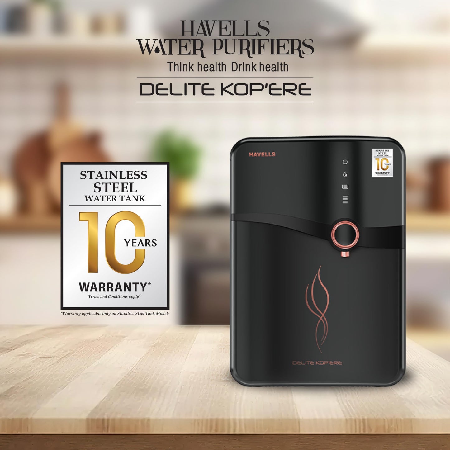 Havells Delite Kop'ere Water Purifier (Black), RO+UV+pH Balance, 7 Stages, 6.5L Stainless Steel Tank,Copper+Zinc+Minerals, Suitable for Borwell, Tanker & Municipal Water