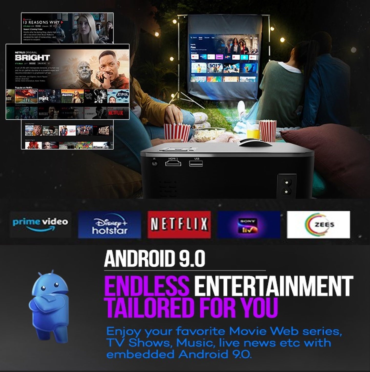 (Open Box) Egate K9 Pro-Max Android FHD 1080p LED Projector,