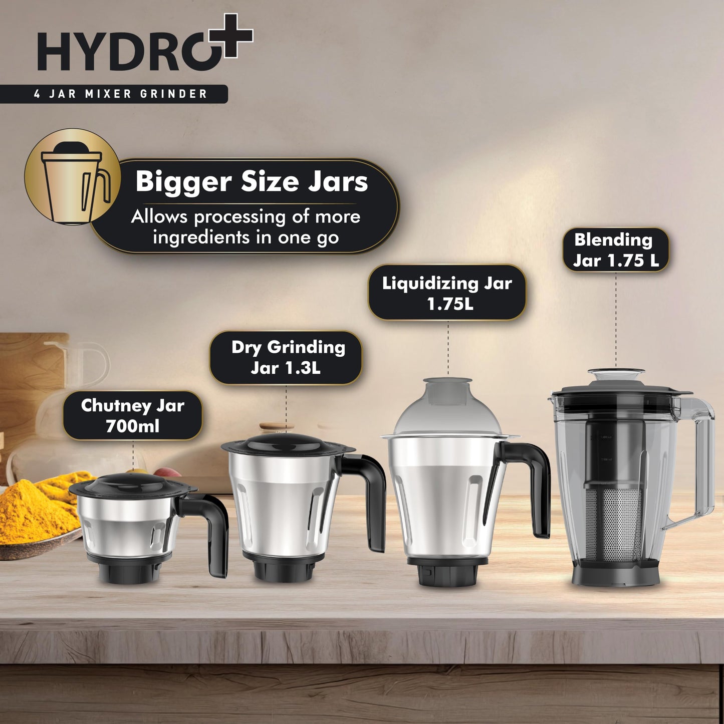 Havells Hydro Plus 1000 watt 4 Jar Mixer Grinder with Ball Bearing Motor, 22000 RPM, Wider mouth Stainless Steel Jar, Hands Free operation, SS-304 Grade Blade & 2 Yr Manufacturer Warranty