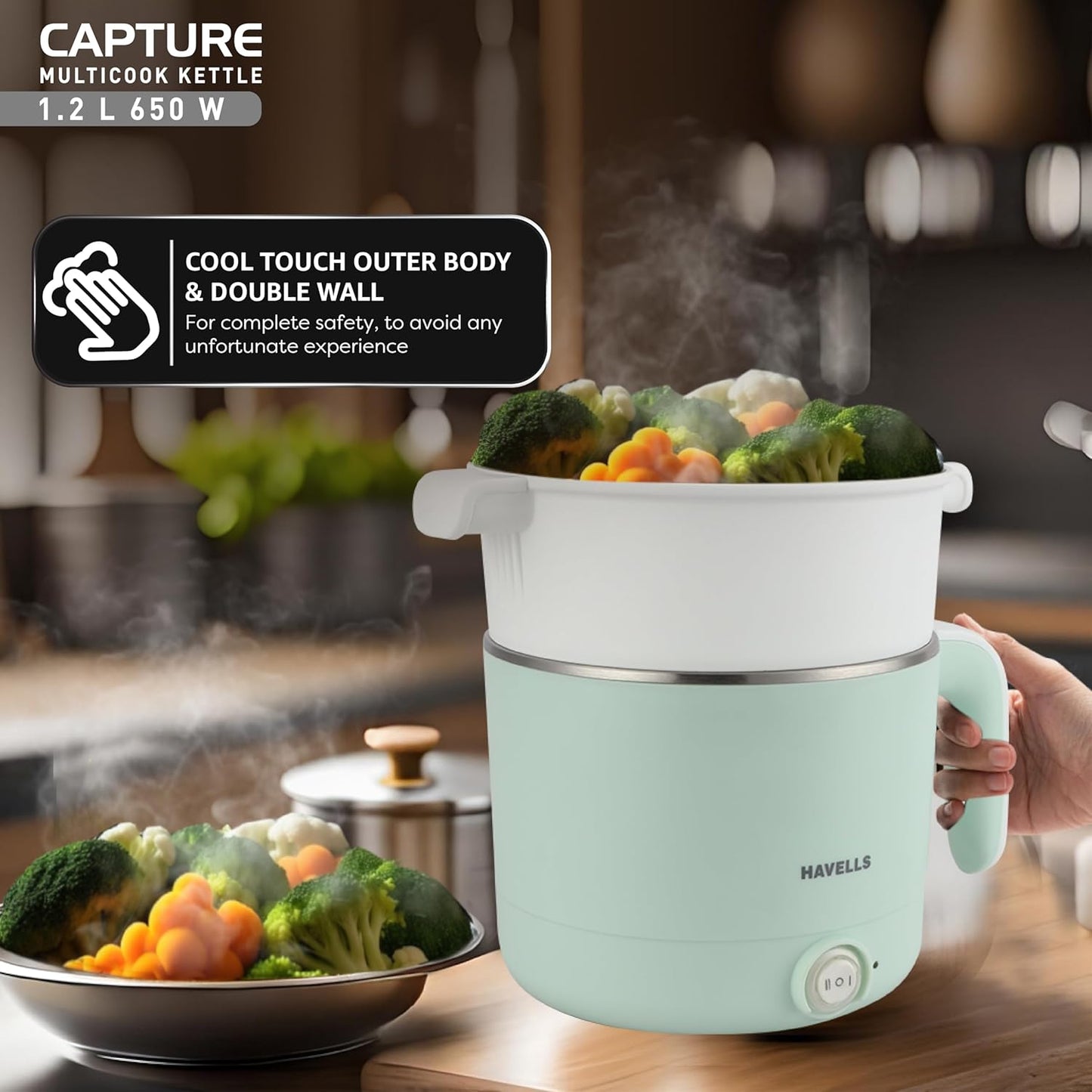 Havells Capture 1.2 Ltr Multi Cook Kettle with Steamer Basket| 304 SS Rust Resistant Body | Wider Mouth| Keep Warm Function | Steam Sensor Auto Cut Off | Cool Touch Outer Body | 2 Yr Warranty