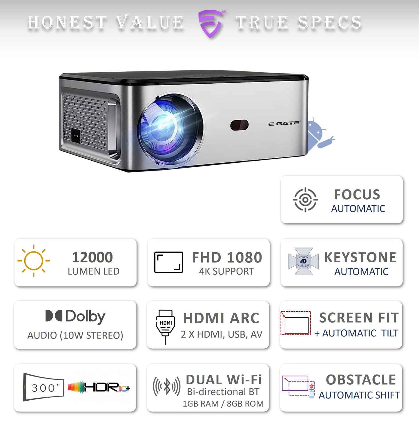 (Open Box) Egate K9 Pro-Max Android FHD 1080p LED Projector,