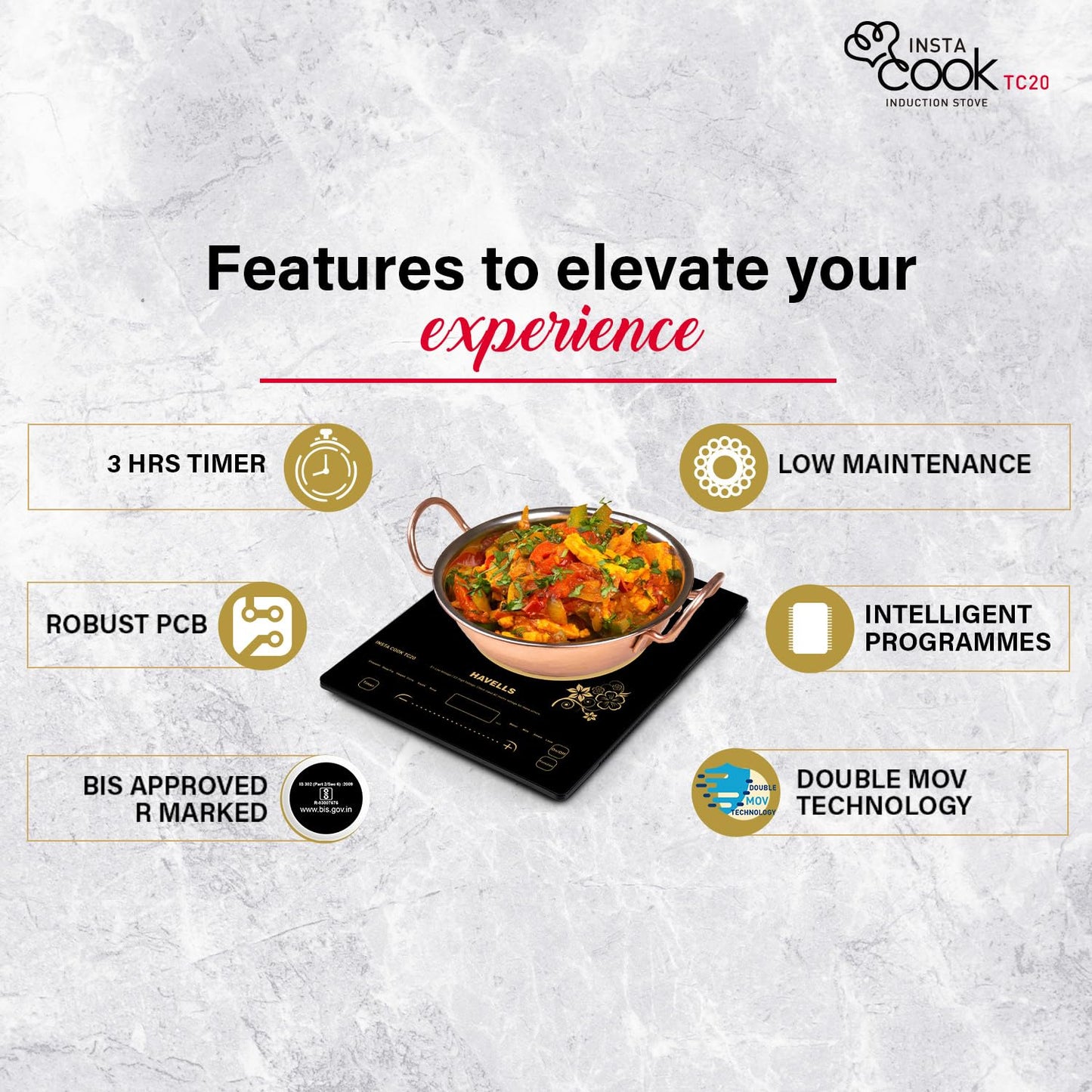 Havells Induction Glass Ceramic Cooktop Tc20 With 9 Cooking Modes Bis Approved 2000 Watt With 3 Year Coil Warranty - Black