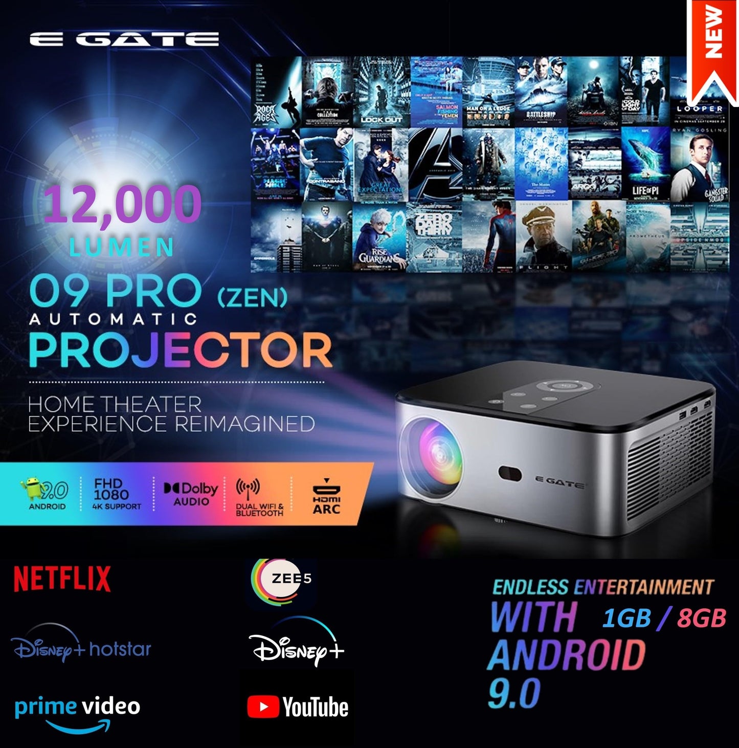 (Open Box) Egate K9 Pro-Max Android FHD 1080p LED Projector,