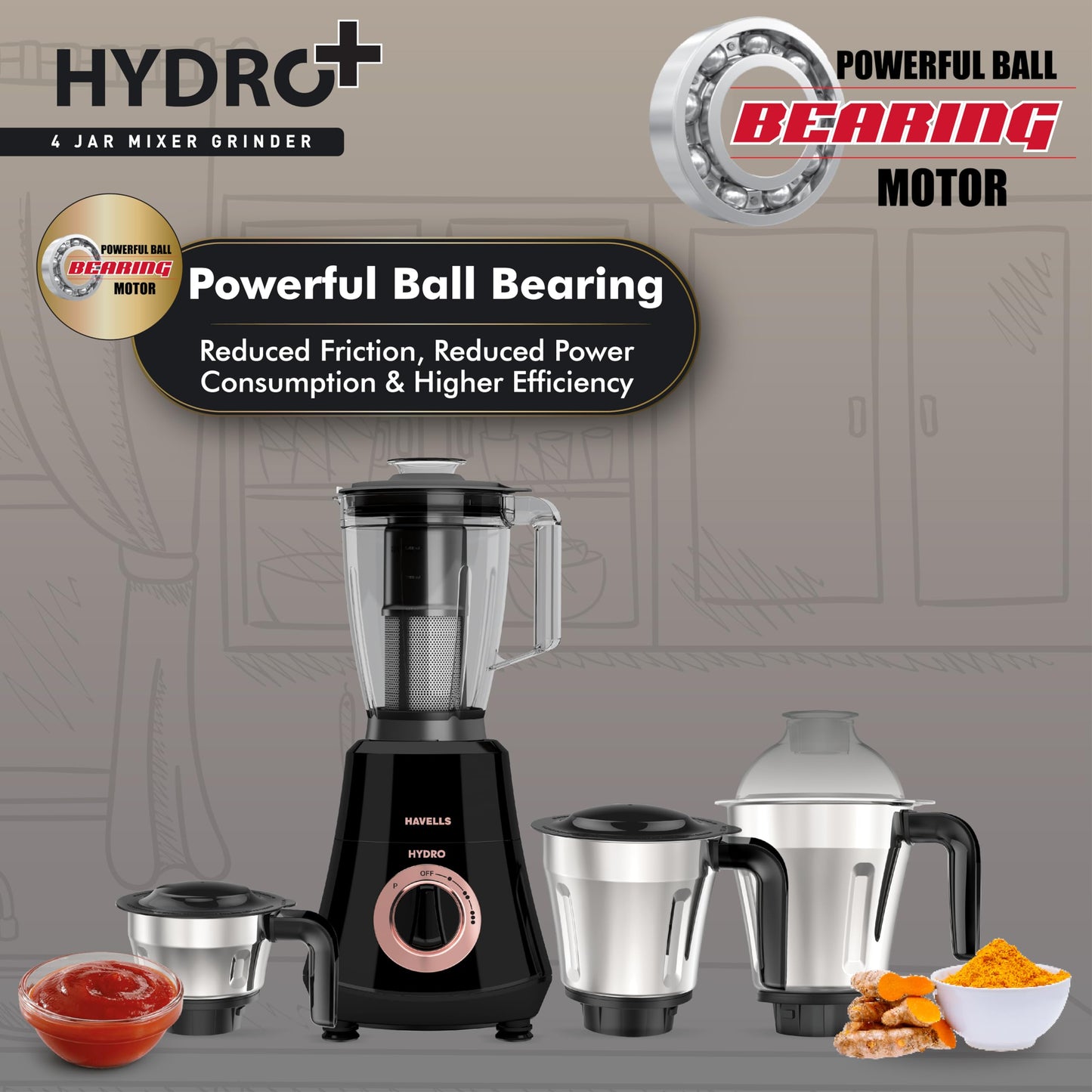 Havells Hydro Plus 1000 watt 4 Jar Mixer Grinder with Ball Bearing Motor, 22000 RPM, Wider mouth Stainless Steel Jar, Hands Free operation, SS-304 Grade Blade & 2 Yr Manufacturer Warranty