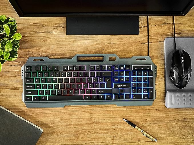 (Open Box) Amazon Basics Wired Gaming Keyboard and Mouse Combo | Multicolor RGB LED Backlight Effects, Multimedia Keys, Durable Aluminum Body