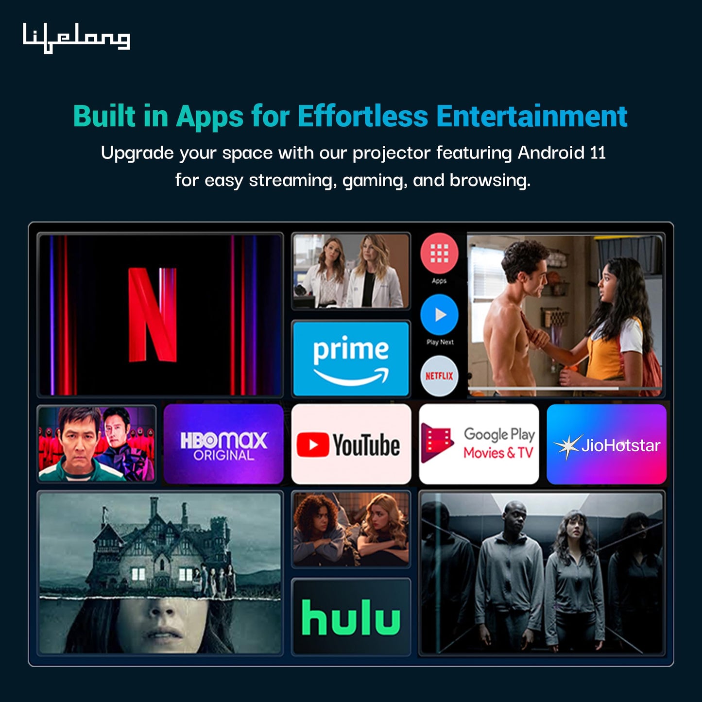 (Open Box) Lifelong Lightbeam Smart Projector for Home 4K Support, Native 720p HD Resolution, 2500 Lumen, Rotabable Design, Speaker, Android 11 with Built-in Apps (Netflix, Prime, Youtube) WiFi, 100''Max Display