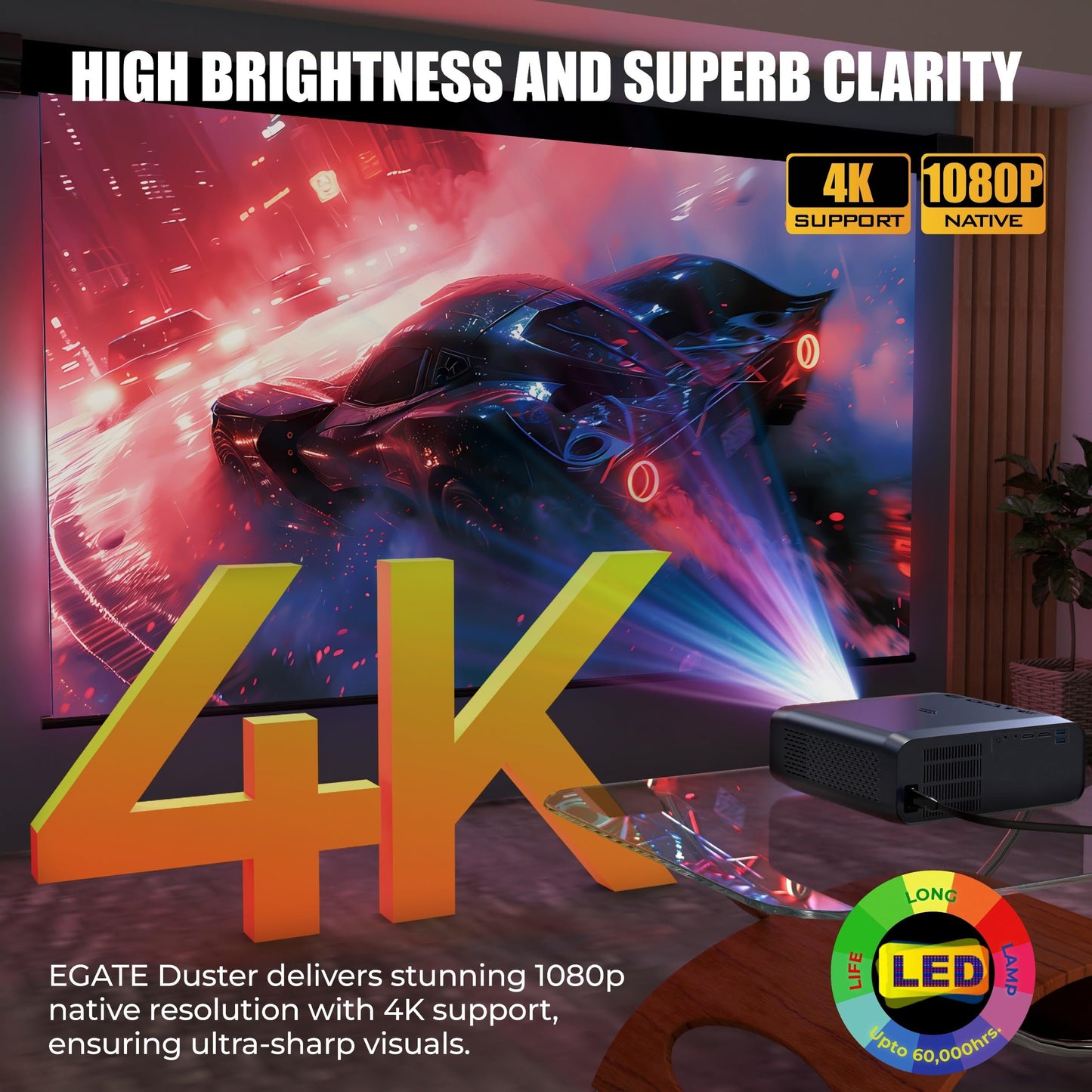 (Open Box) Egate K9 Pro-Max Android FHD 1080p LED Projector,