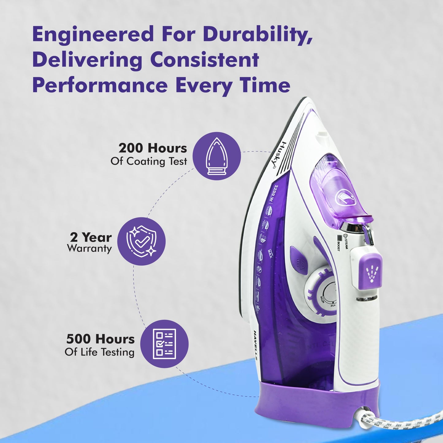 Havells Plastic Husky 2200 W Steam Iron With Auto Shut Off, Steam Boost, Vertical, Horizontal Ironing, Anti Drip, Self-Cleaning&Anti Calc Technology. (Purple), 2200 Watts