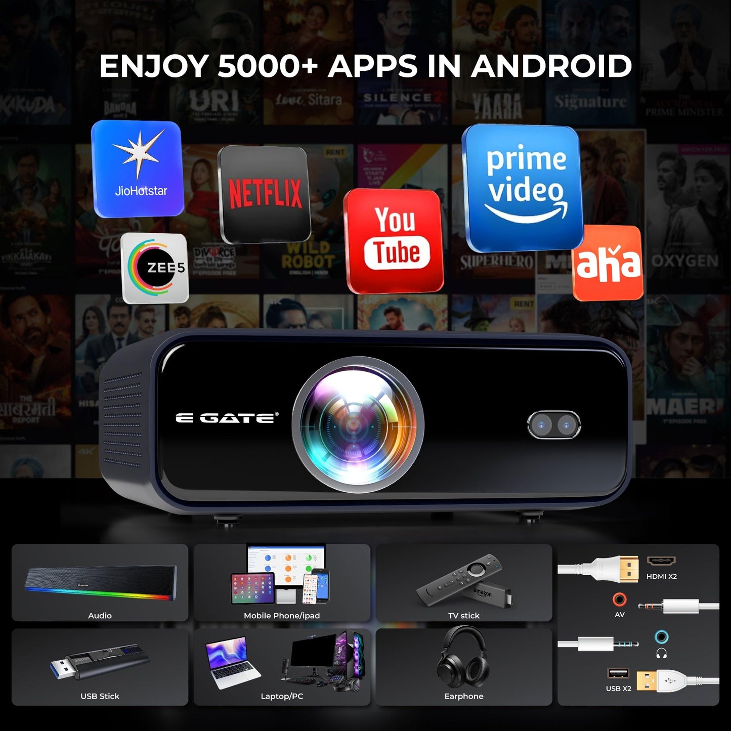 (Open Box) Egate K9 Pro-Max Android FHD 1080p LED Projector,