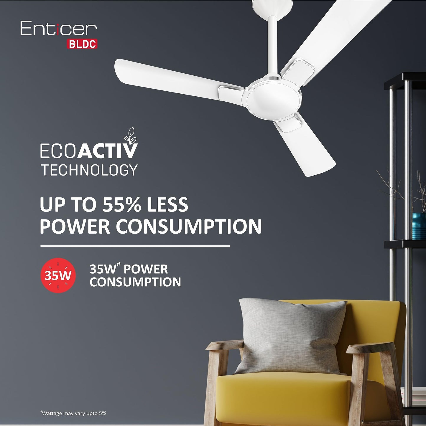 Havells 1200Mm Enticer Bldc Motor Ceiling Fan 5 stars With Remote,100% Copper Upto 55% Energy Saving With Eco Active Technology,High Air Delivery (Pack Of 1,Pearl White Chrome)