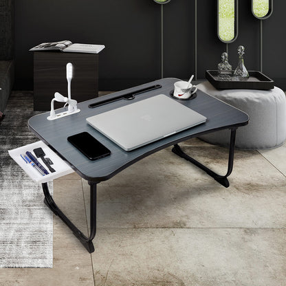 (OPEN BOX)GoRogue Laptop Table for Bed & Sofa, Foldable Desk with Cup Holder, Drawer & Built-in USB Hub with Free Mini Fan, LED Lamp (Black)