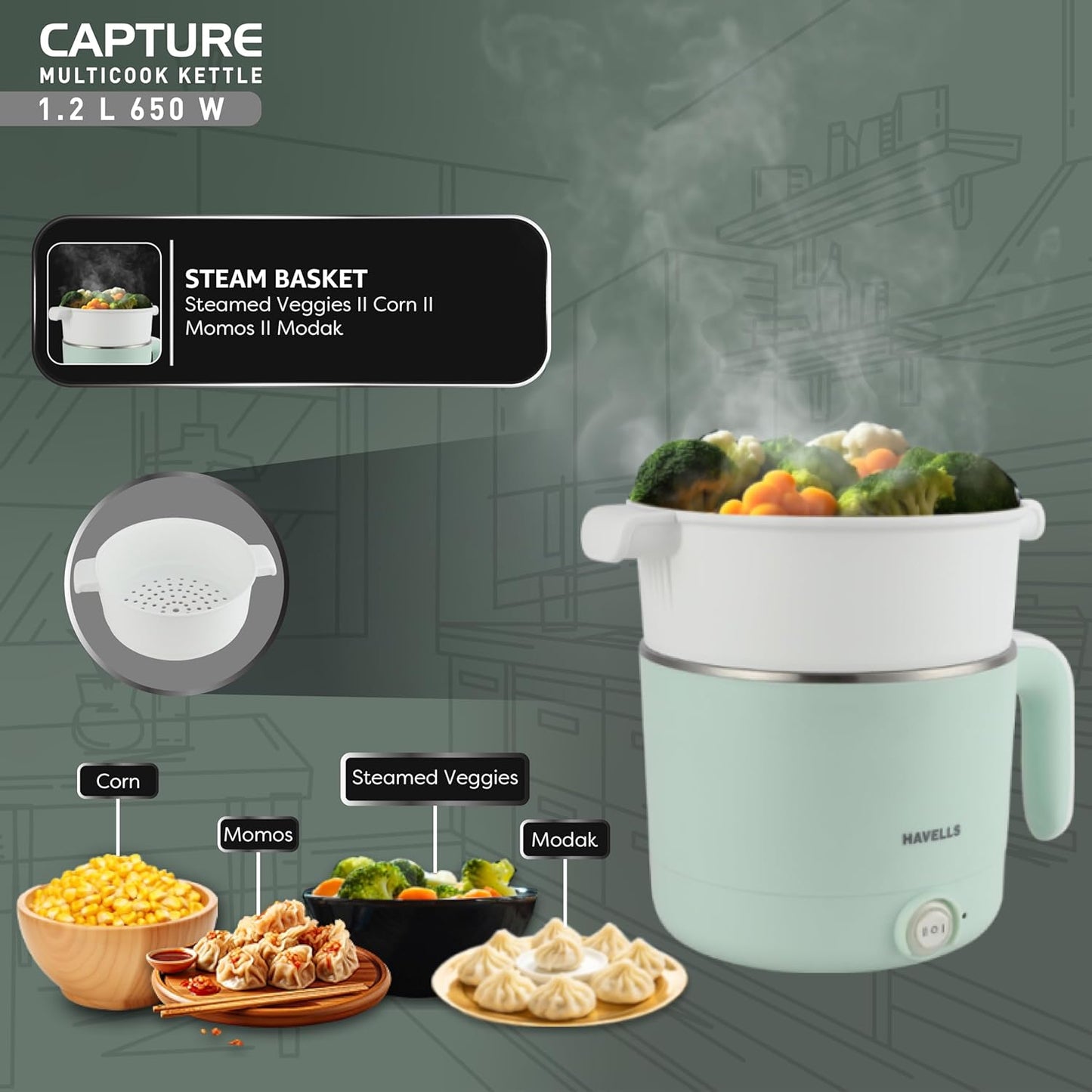 Havells Capture 1.2 Ltr Multi Cook Kettle with Steamer Basket| 304 SS Rust Resistant Body | Wider Mouth| Keep Warm Function | Steam Sensor Auto Cut Off | Cool Touch Outer Body | 2 Yr Warranty