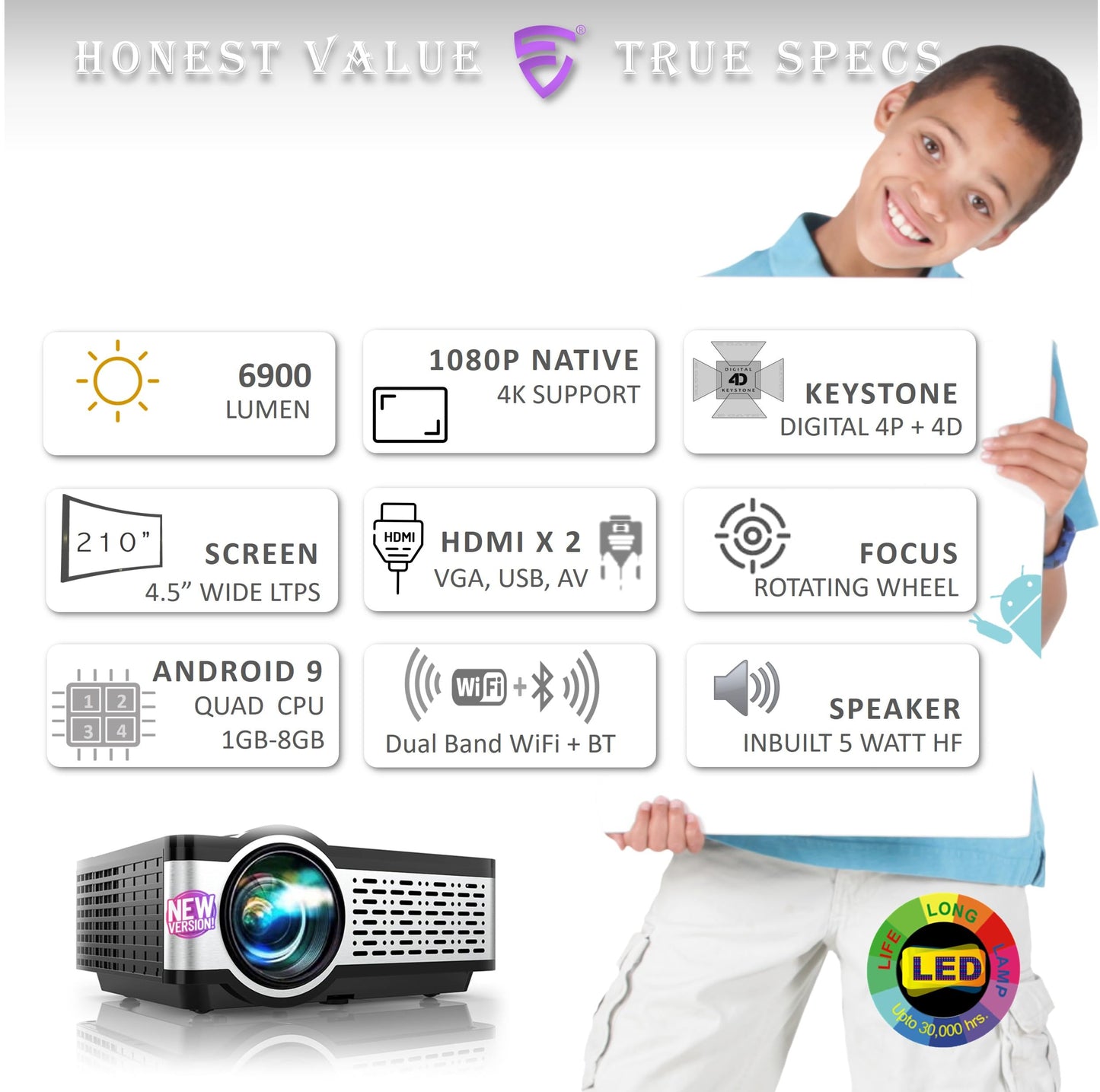 (Open Box) Egate K9 Pro-Max Android FHD 1080p LED Projector,