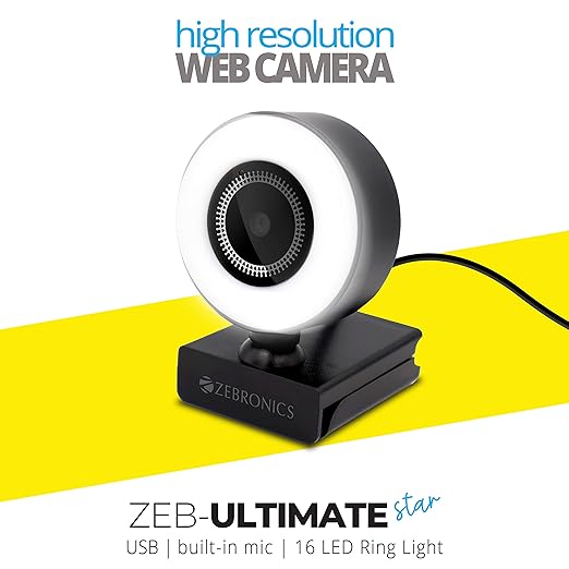 (Open Box) ZEBRONICS Zeb-Ultimate Star webcamera with 5P Lens 1920x1080 Full HD Resolution with Built-in mic, auto White Balance, 16 LED Ring Lights with Brightness Control and 1.58m Cable