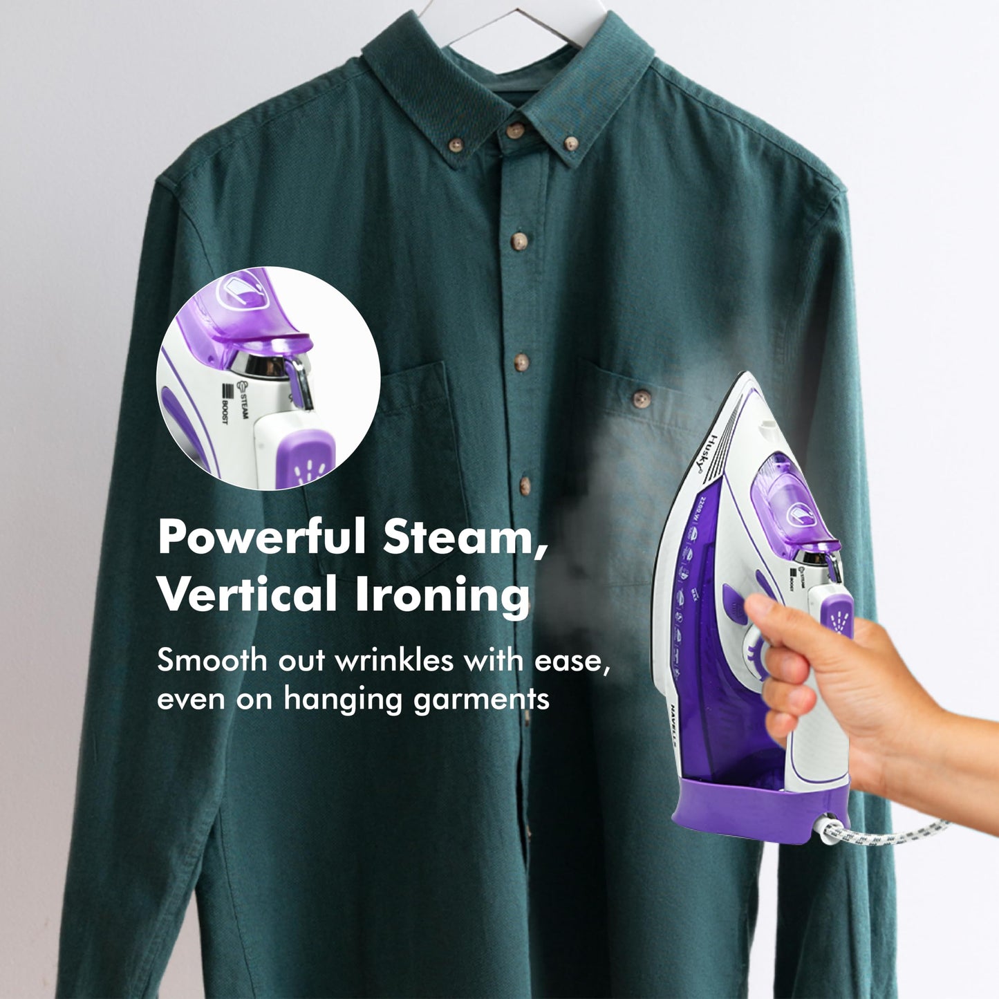 Havells Plastic Husky 2200 W Steam Iron With Auto Shut Off, Steam Boost, Vertical, Horizontal Ironing, Anti Drip, Self-Cleaning&Anti Calc Technology. (Purple), 2200 Watts