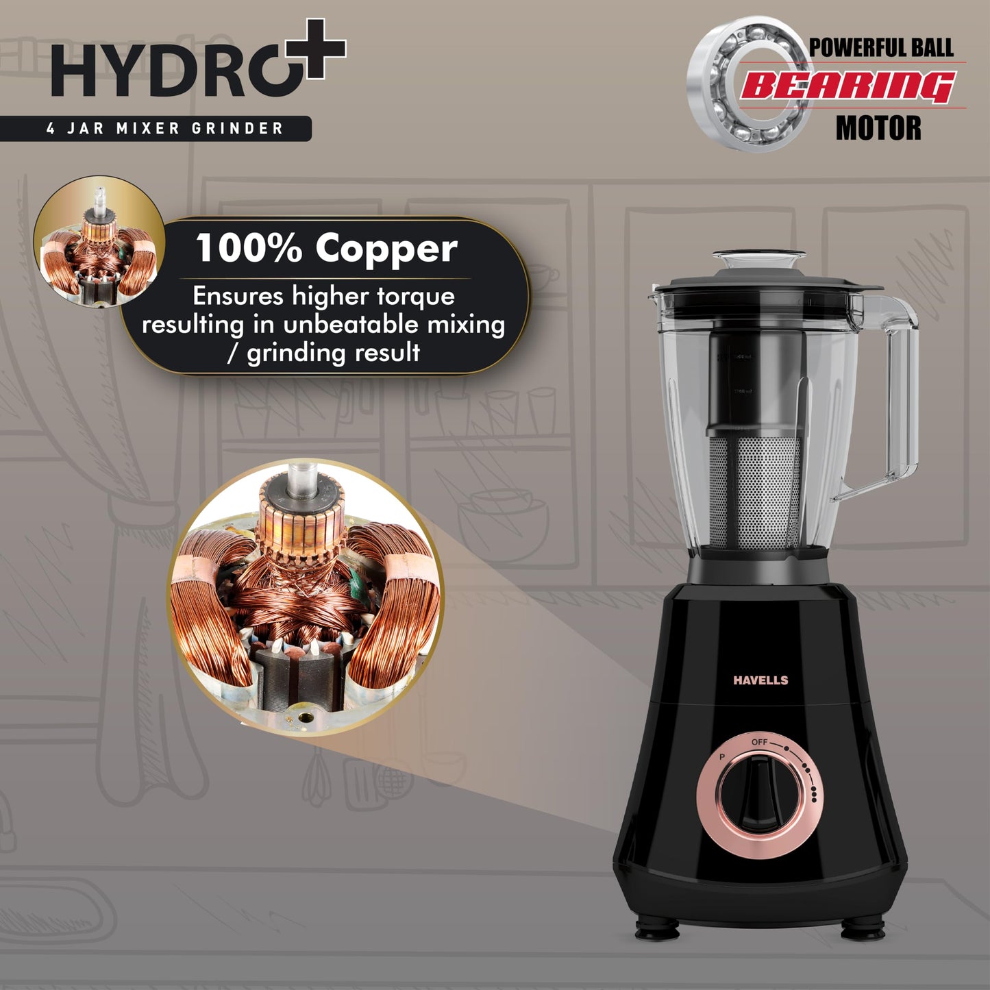 Havells Hydro Plus 1000 watt 4 Jar Mixer Grinder with Ball Bearing Motor, 22000 RPM, Wider mouth Stainless Steel Jar, Hands Free operation, SS-304 Grade Blade & 2 Yr Manufacturer Warranty