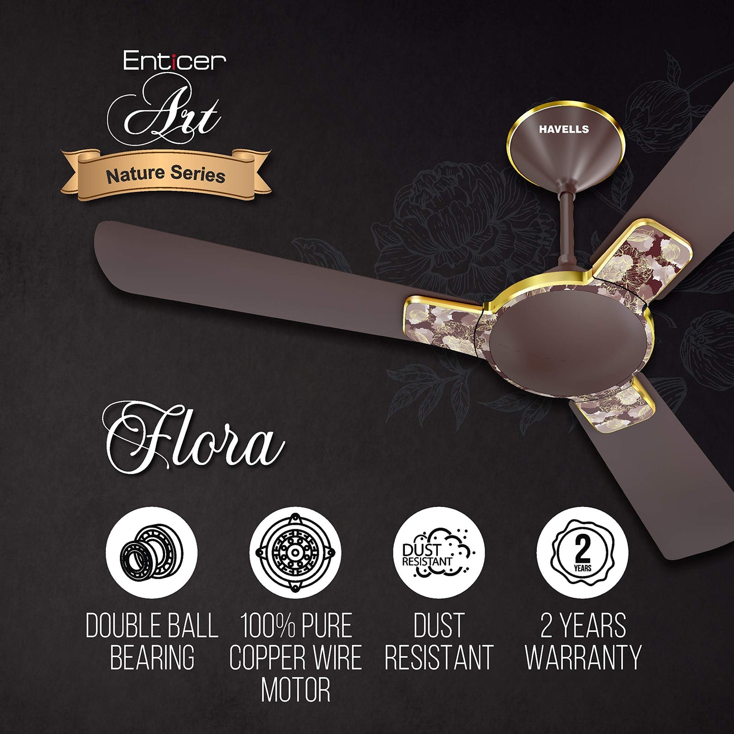 Havells Enticer Art Collector Edition 1200mm Decorative, Dust Resistant, High Power in Low Voltage (HPLV), High Speed Ceiling Fan (Rose Gold)